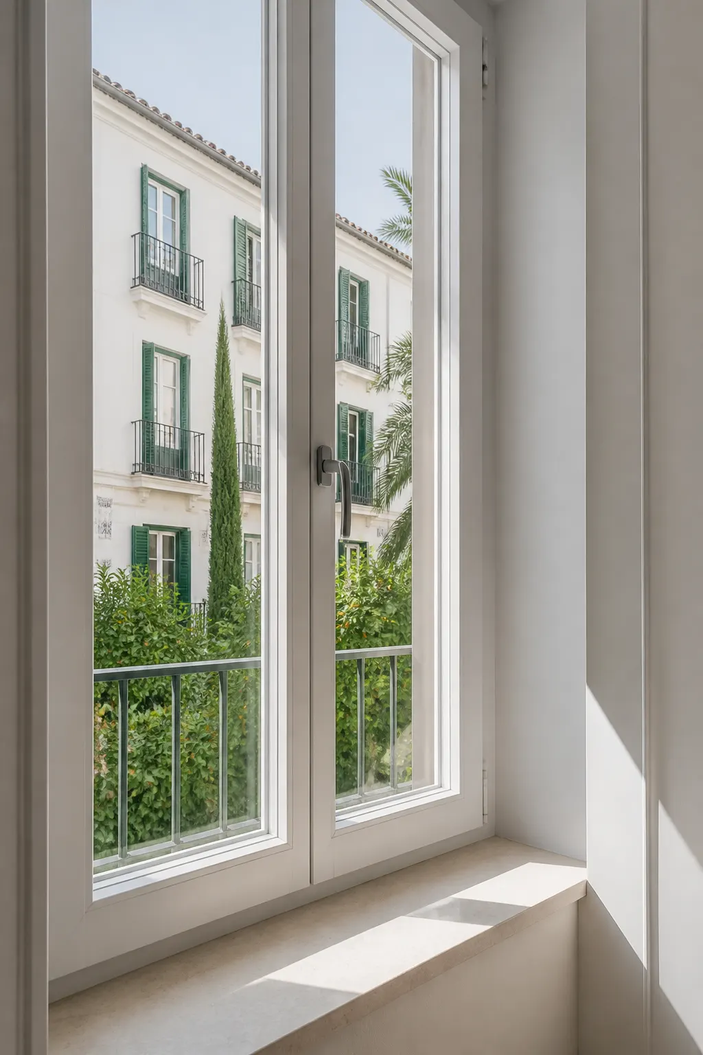Luz del día a través de la ventana hacia un patio